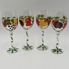 4 Hand Painted Fruit Design Wine Glasses Plum Strawberry Grapes Pear Long Stem