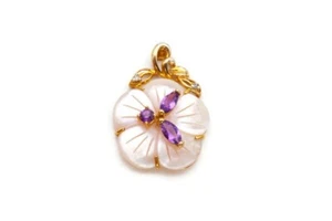 10k Yellow Gold Amethyst Diamond Mother Of Pearl Flower Pendant Heng Ngai - Picture 1 of 9