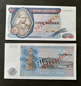 Zaire p-22, UNC, 5 Zaires, 1979, SPECIMEN !! - Picture 1 of 1