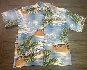 Pau Hana Hawaiian Shirt Multicolour Ocean Water Ship Boat Pattern Size Large L - Picture 1 of 5