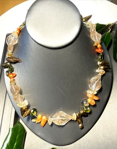 Baroque Blister Pearl Gold Fleck Art Glass Nat Gem Green Orange Vintage Necklace - Picture 1 of 18