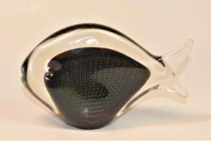 Signed FM RONNEBY Sweden Art Glass FISH Black Controlled Bubbles Paperweight B16 - Picture 1 of 3