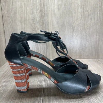 Sandalias boho Camper borla corbata mujer 40 bloques tacón alto correa en T cuero negro Foto 1 de 4