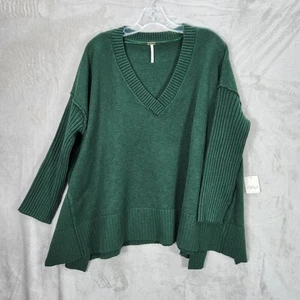 Free People Sweater Size S Black Forest Green V-Neck Oversized A Line Tunic Top - Picture 1 of 9