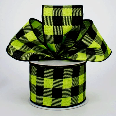 Green Black Plaid 2.5" by 2 yards Check Wired Ribbon Fall Country Farmhouse Foto 1 de 4