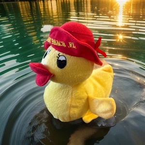 Pato de peluche Nardy Miami Beach FL, sombrero rojo, grazna cuando se aprieta, 6" T - Imagen 1 de 5