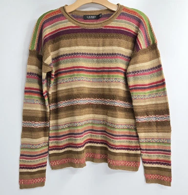 Suéter feminino Ralph Lauren etiqueta preta listra de linho algodão médio sudoeste boho - Imagem 1 de 4