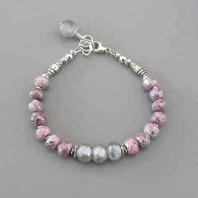 djs Sundance Pink Sapphire Gray Moonstone Sterling Silver Bracelet Gemstone Boho - Image 1 of 4