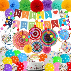 Colorful Birthday Decorations, Rainbow Party Supplies with Paper Fan Decor, Hang - Picture 1 of 5
