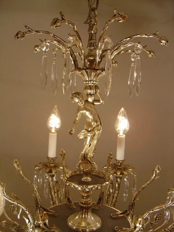 VINTAGE ANTIQUE NICKEL SILVER CRYSTAL CHERUBS CHANDELIER LAMP 8 LIGHTS Ø 29" Cover