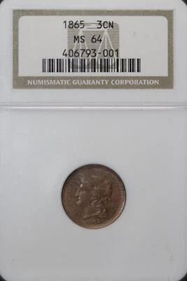 1865 Three Cent Nickel NGC MS64 Very nicely toned  - *DoubleJCoins* JL1100-85 - Image 1 of 2