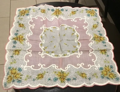 Красивый винтажный желтый и розовый цветочный носовой платок 14 «x 14» #61A - Изображение 1 из 4