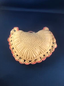 Vintage Hand Made WHITE PINK HEART Crochet Pillow Or Pin Cushion - Picture 1 of 5