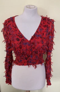 Zara Red Leaf Print V Neck Gypsy Style Long Sleeved Top Size XS - Picture 1 of 4