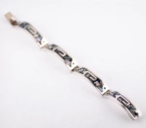 Abalone Shell Inlay Panel Sterling Silver Bracelet, Vintage Old .925  7" - Picture 1 of 6