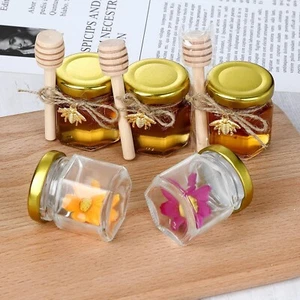 1.5 oz Hexagon Mini Glass Honey Jars 30Pack Honey Jars with Wood Dipper, Gold - Picture 1 of 7