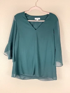 Calvin Klein Damen Bluse türkisblau Chiffon Rüschenärmel V-Ausschnitt - Größe M 693 - Bild 1 von 12