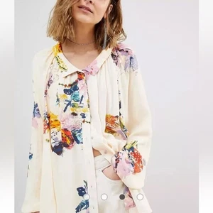 Free People Meadow Lark Bluse Hemd mit Knopfleiste creme Blumen Langarm XS - Bild 1 von 7