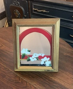 Retro Reverse Painted Floral Wall Mirror Vtg With Thick Wood Frame 12.75x10.7 - Picture 1 of 21