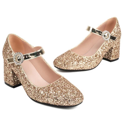 Ladies Bling Mary Jane Party Shoes Mid Block Heel Ankle Strap Pumps AU Size S250 - Image 1 of 4