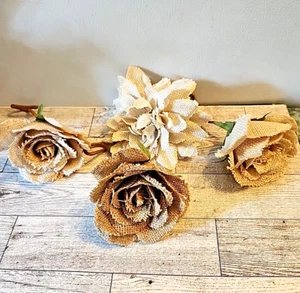 4 Burlap Jute Flowers Rose Crafts Rustic Farmhouse Shabby Decor - Picture 1 of 12