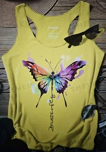 SHEIN LUNE Women's Butterfly & Letter Printed Yellow Tank Top, Size Small - Picture 1 of 5