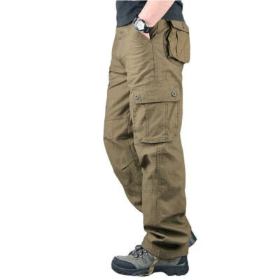 8 Pockets Men's Cargo Pants Cotton Work Trousers Tactical Combat Outdoor Pants - Image 1 of 4