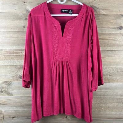 Camisa para mujer Maggie Barnes manga 3/4 cuello en V plisada bordada campesina boho 2X Foto 1 de 4