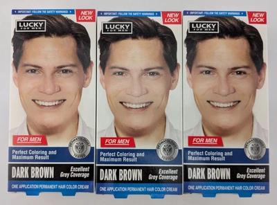 3 x Lucky Permanent Hair Colour Cream Dye For Men Dark Brown Grey Coverage NEW - image 1 of 4