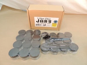 1/2 OZ, HALF OUNCE, CLEAR JARS WITH BLACK LIDS, OPENED BOX, 23 JARS REMAINING - Picture 1 of 2