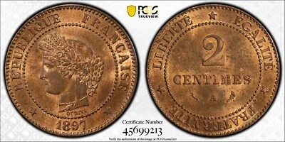 1897 A France 2 Centimes Gad 105 PCGS MS64 RB Very attractive coin          4093 - Image 1 of 4