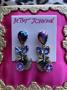 Betsey Johnson Spring Ahead Dragonfly Purple Teal Carved Rose Flower Earrings