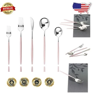 30-Piece Pink Silver Stainless Steel Flatware Set for Timeless Dining Elegance - Picture 1 of 8