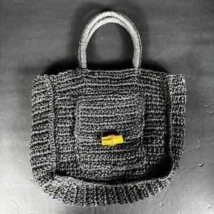 Vtg Y2K Black Crochet Knit Woven Small Shoulder Bag Purse Boho Chic Handbag - Picture 1 of 12