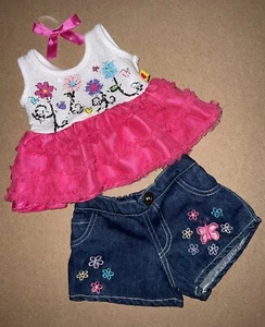 BABW glitzerndes Top mit magenta weichem Tutu Unterteil, Ohrenschleife, Jeansshorts mit Schmetterlingen - Bild 1 von 4