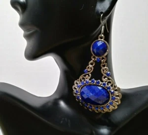 .NUEVO- Pendientes colgantes estilo indio circonita tono azul/plateado para mujer. - Imagen 1 de 3