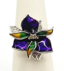 Lila Blume Emaille mit klaren Strasssteinen silberfarben modern Kostüm Ring Gr. 5,75 - Bild 1 von 24