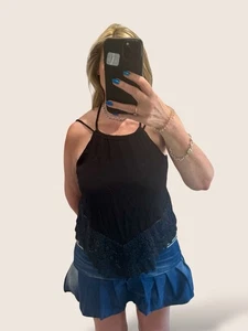 Vintage Y2K 2000s Jane Norman Black Lace Trimmed Cami Top Spaghetti Straps Uk 14 - Picture 1 of 6