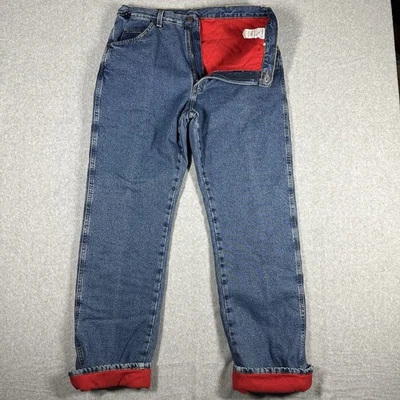 Wrangler Y2K 红色抓绒内衬牛仔裤男式 36x34 蓝色坚固穿宽松版型 — 第 1/4 张图片