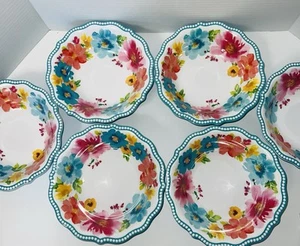Juego de 6 cuencos de cereal The Pioneer Woman Breezy Blossoms florales ramo verde azulado - Imagen 1 de 5