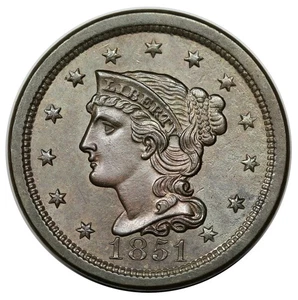 1851 Braided Hair Large Cent, N-7, rare prooflike VEDS (a) - Picture 1 of 3