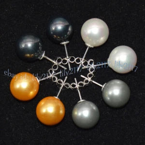 4 Pairs 10/12/14mm Round Black White Gold Gray Shell Pearl Silver Stud Earrings - Picture 1 of 15