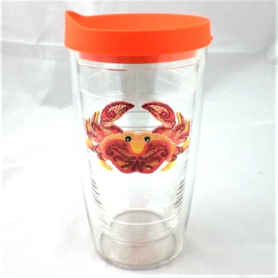 Tervis Tumbler 16Oz Orange Pink Yellow Crab Embroidered Emblem w Lid NEW Ocean - Image 1 of 2