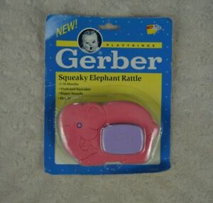Gerber Squeaky Elephant Rattle Baby Toy Pink Purple 76009 Vintage NEW Playthings