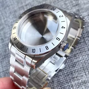 Steel 39mm Silver Watch Case Domed Sapphire Glass 24H Fixed Bezel Fit NH35 NH34 - Picture 1 of 13
