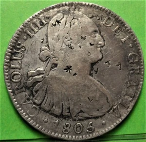 CARLOS IIII, 8 Reales, 1805, MEXICO -TH, A.C.-983, Ag, Resellos orientales. - Picture 1 of 2