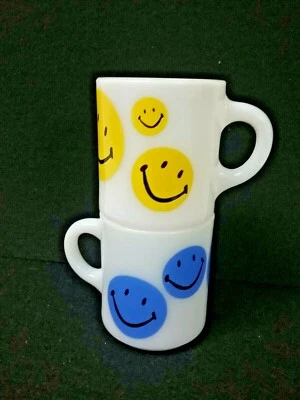 LOT 2 milk white glass coffee mugs HAPPY SMILEY FACE Glasbake ? - Image 1 of 4
