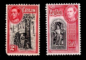 Ceylon 1938-49 KGVI 2r, 2c Black & Carmine SG#386, 396 MNH HV - Picture 1 of 2