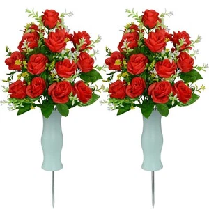 Artificial Cemetery Flowers with Vase Headstone Flowers Rose Bouquet Graveyar... - Picture 1 of 7