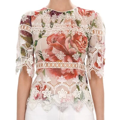 Blusa Top DOLCE & GABBANA Seda Rosa Flor Encaje Blanco Rosa IT 38 US 2 XS  Foto 1 de 4